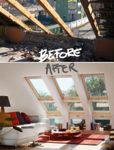 before and after pictures of a living room that has been built into the side of a house