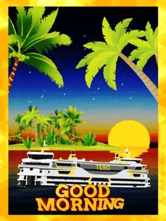 two cruise ships in the ocean with palm trees on either side and an orange sun behind them