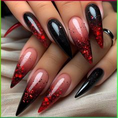 Badass Nail Designs, Gothic Nails Coffin, Red And Black Stiletto Nails, Stiletto Black Nails, Goth Winter Nails, Olive Nails, Vampire Nails, Holloween Nails, Gothic Nails