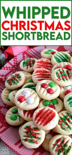 christmas shortbread cookies on a red and white plate with the words whipped christmas shortbread