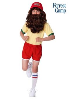 a child wearing a wig and shorts with a long beard in front of a white background