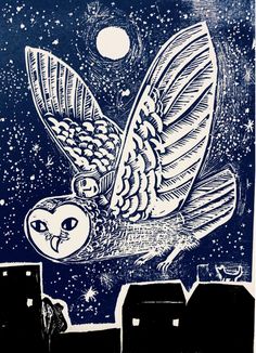 an owl flying through the night sky with stars and buildings in the foreground behind it