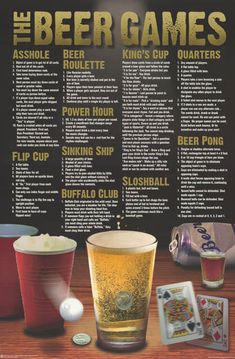 the beer games poster is shown with two cups and one ball in front of it