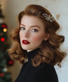 Vintage Christmas Hair Waves Waterfall Curls, Christmas Party Hair, Holiday Hair Color, Christmas Hairstyle, Holiday Party Hair, Festive Hair, Christmas Party Hairstyles, Classic Glamour