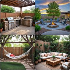 several pictures of outdoor living space with grill, couch and hammock in backyard