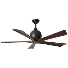 a black ceiling fan with wooden blades