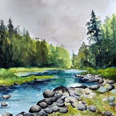 a painting of a river with rocks and trees in the background, watercolor on paper