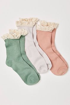 So perfect pair of socks featured in a waffle knit fabrication and crew-style with feminine floral detailing, dainty ruffled trim, and a seamed heel and toe. * Pack of 3 pairs | Ruffle Sock Pack by Free People Cute Frilly Socks, Cute Lace Trim Socks For Spring, Ruffle Socks Outfit, Cottagecore Socks, Socks With Ruffles, Ruffle Sock, Tainted Love, Ruffle Socks, Bday List