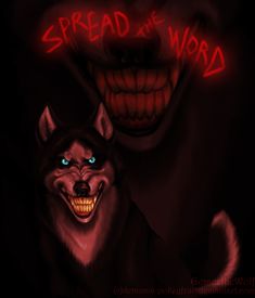 an evil looking wolf with glowing blue eyes and fangs on it's face, in the dark