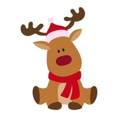 a reindeer with a red hat and scarf on it's head is sitting down