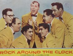 a group of men in yellow suits and bow ties standing together with the words rock around the clock