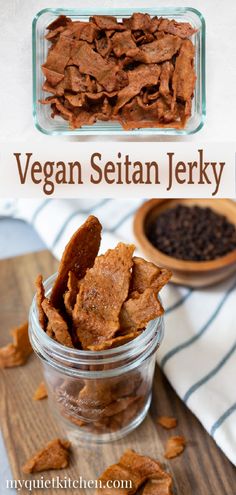 vegan setian jeky in a glass jar on top of a wooden cutting board