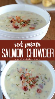 Red Potato Salmon Chowder recipe-  You will love this hearty creamy chowder! It rivals soup you would get at a fancy restaurant, and is a wonderful treat for cold winter evenings.  #salmonchowder #potatosalmonchowder #salmonchowderrecipe #chowderrecipe #salmon #souprecipe -from creationsbykara.com Potato Salmon, Salmon Chowder Recipe, Salmon Soup, Salmon Chowder, Soups Recipes, Red Potato, Salmon Potato, Chowder Soup, Chowder Recipe