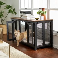 industrial-style double dog crate furniture for small to medium dogs Dog Crate End Table, Crate End Tables, Diy Dog Crate, Dog Kennel Furniture, Crate Table, Crate Mat, Dog Kennels