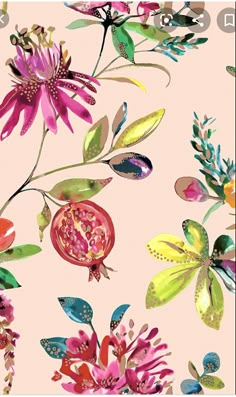 a pink background with colorful flowers and dragonflies