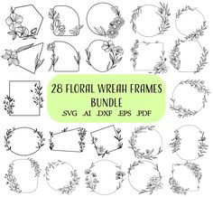 the 25 floral wreath frames bundle is shown in black and white