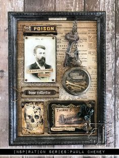 an old photo with some keychains and tags attached to it, hanging on a wooden wall