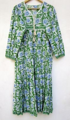 "ITEM DESCRIPTION green & blue cool floral printed maxi dress - long sleeve with tassel dress - v neckline maxi dress Features : Long sleeve, V neck, Long dress Material : 100% cotton cambric Fabric: 100% cotton soft light weight ethnic print fabrics Sleeve Length = 22 inch For more sizes & their measurement, please refer our below chart to understand the sizes variations available with us For your size requirement, please mention your size in seller note at the time of buying. SIZE MEAS Green V-neck Boho Dress For Spring, Bohemian Non-stretch Dress For Garden Party, Green Non-stretch Long Sleeve Maxi Dress, Non-stretch Long Sleeve Maxi Beach Dress, Non-stretch Long Sleeve Maxi Dress For Beach, Non-stretch Green Maxi Dress, Green Maxi Dress Regular Fit, Bohemian Fitted Spring Dresses, Bohemian Fitted Dresses For Spring