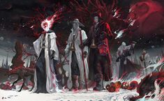 two people standing in the snow with red and black paint on their faces, surrounded by demonic creatures