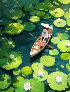 a person in a boat floating on top of water with lily pads and green leaves