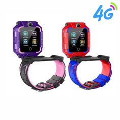 three different color smart watches with straps on each wrist and one has a camera attached to