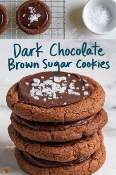 Soft and chewy dark chocolate sugar cookies topped with a crunchy layer, melted chocolate, and flaky sea salt.