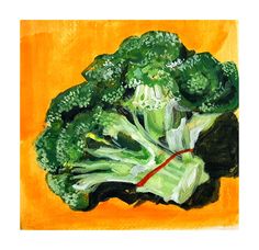 a painting of broccoli on an orange background