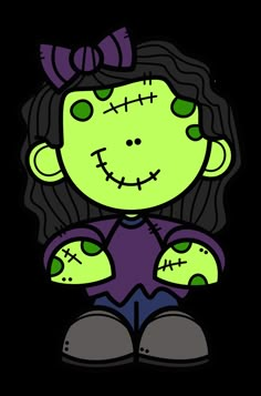 a drawing of a girl with green eyes and black hair, wearing a purple shirt