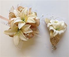 two flowers are sitting next to each other on a white tablecloth with gold sequins