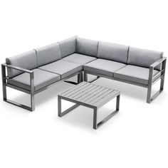 an outdoor sectional sofa set with coffee table and side tables, all in grey fabric