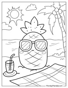 a cartoon pineapple with sunglasses and a drink sitting on the beach in front of palm trees