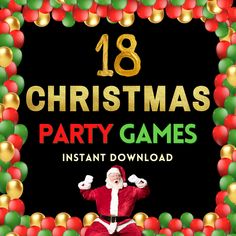 a christmas party game with santa clause on it and balloons around the frame in the background