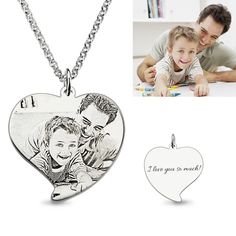 a heart shaped necklace with an engraving photo on the front, and a personalized pendant attached to it