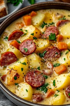 a bowl filled with potatoes, sausage and parsley on top of a white table cloth