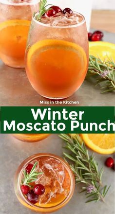 winter moscato punch with cranberries and rosemary garnish in glasses