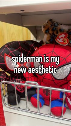 a spiderman stuffed animal is sitting on top of a shelf with the caption spiderman is my new aesthetic