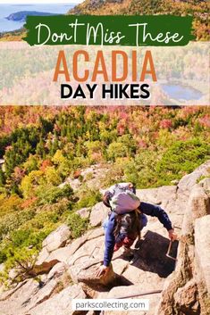 a person climbing up the side of a mountain with text overlay that reads don't miss these acadia day hikes