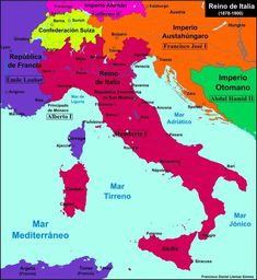 a map of italy with all the major cities and their respective names in bright colors