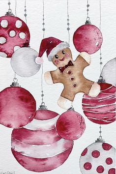 a watercolor painting of christmas ornaments and a ginger