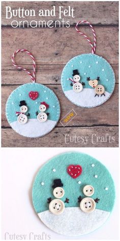 buttons and felt ornaments are hanging on a wooden surface with text overlay that says button and felt ornaments cutey crafts