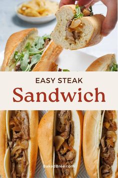 An irresistible sandwich loaded with tender steak and fresh arugula. #EasyRecipes #SteakLovers #SandwichIdeas Steak Sandwich Recipe, Vegetarian Steak, Baked Bree Recipe, Steak Sandwich Recipes, Steak Sandwiches, Steak And Onions, Tender Steak, Easy Steak, Chicken Appetizers