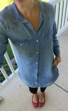 denim shirt dress, leggings outfit, red flats outfit, fall fashion, mom trends, mom style, Flats Outfit Fall, Fall Fashion Mom, Denim Dress Outfit Fall, Dress Leggings Outfit, Denim Shirt Dress Outfit, Shirt Dress Outfit Fall, Long Denim Shirt, Mom Trends