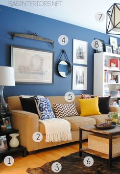 a living room filled with furniture and pictures on the wall above it's coffee table