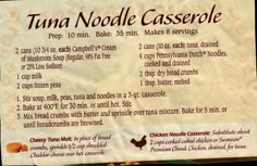 there is a sign that says tuna noodle casserole