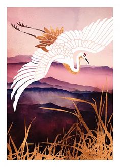 a painting of a white crane flying over mountains in the sky with gold foil on it