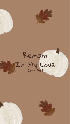 the words remain in my love are written on white pumpkins with leaves and acorns