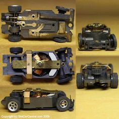 four different views of an old fashioned toy car with wheels and parts attached to it