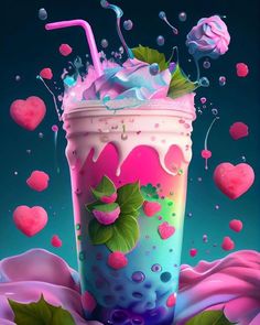 a painting of a drink with pink and blue liquid pouring out of it, surrounded by hearts