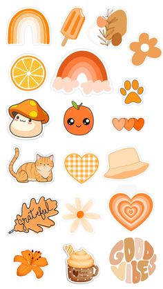 an assortment of stickers that include cats, pumpkins, and other food items