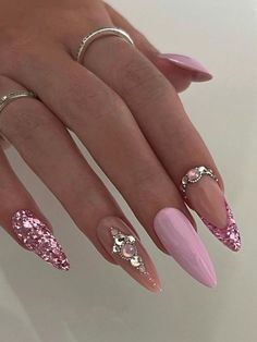 pink almond nails with glitters and gems Baby Pink Nails, Pink Glitter Nails, Hot Pink Nails, Rose Gold Nails, Gem Nails, Glam Nails, Diamond Nails, Glitter Nail Art